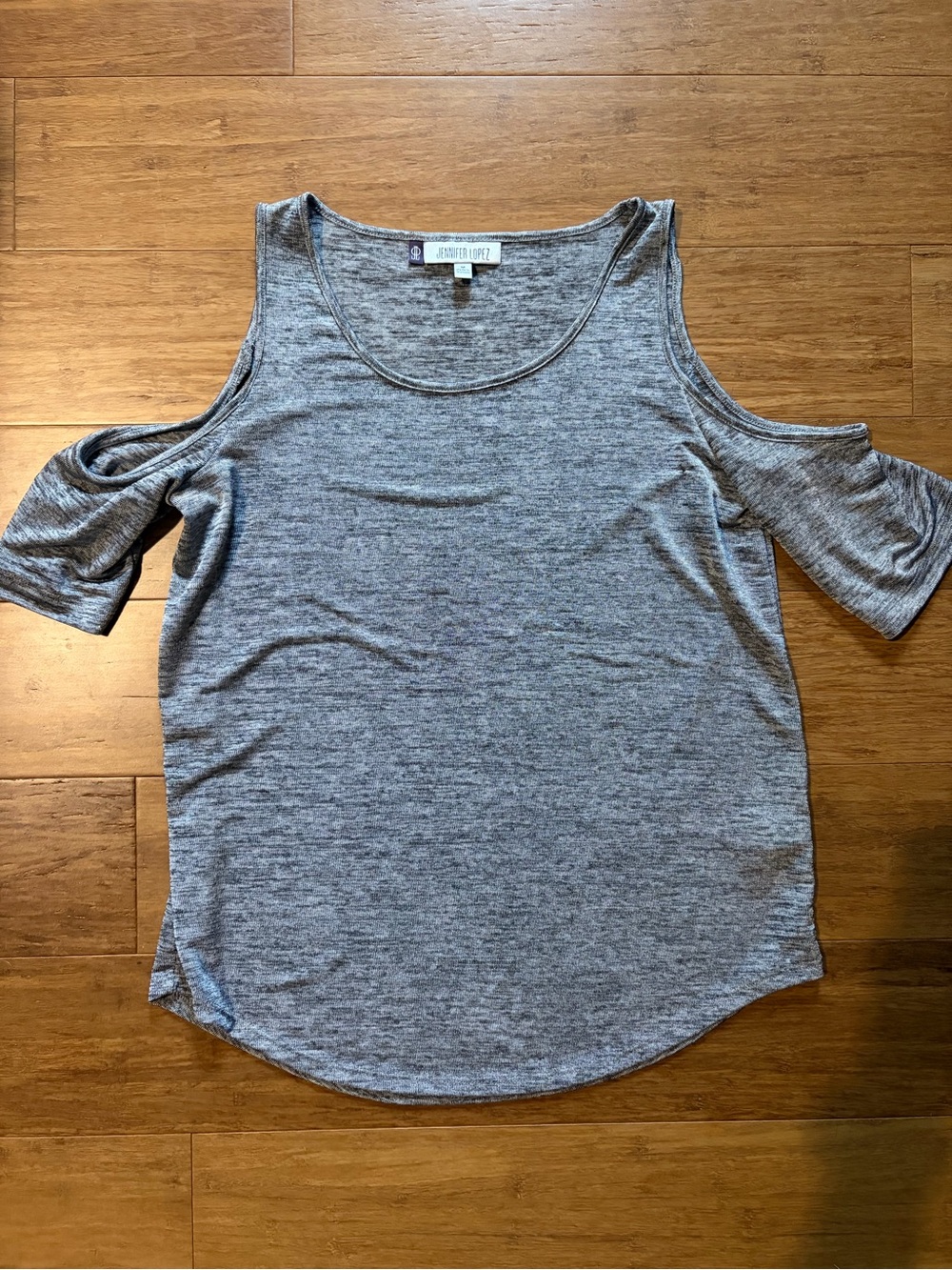 Jennifer Lopez Marbled Gray Cold-Shoulder Scoop Neck Top